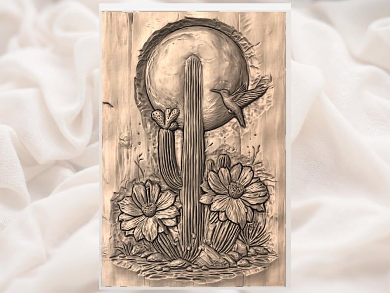 Saguaro Cactus, Full Moon and Hummingbird Bas-Relief STL bas-relief STL — view 2
