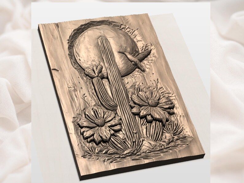 Saguaro Cactus, Full Moon and Hummingbird Bas-Relief STL bas-relief STL — view 3