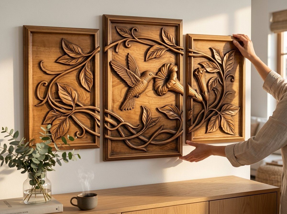 Hummingbird Garden 3 Stepped Vertical Decor Panels CNC Relief STL bas-relief STL — view 12