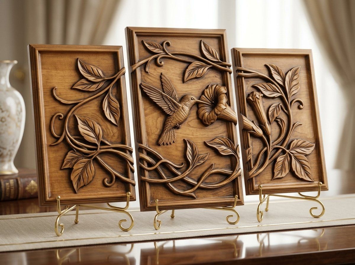 Hummingbird Garden 3 Stepped Vertical Decor Panels CNC Relief STL bas-relief STL — view 13