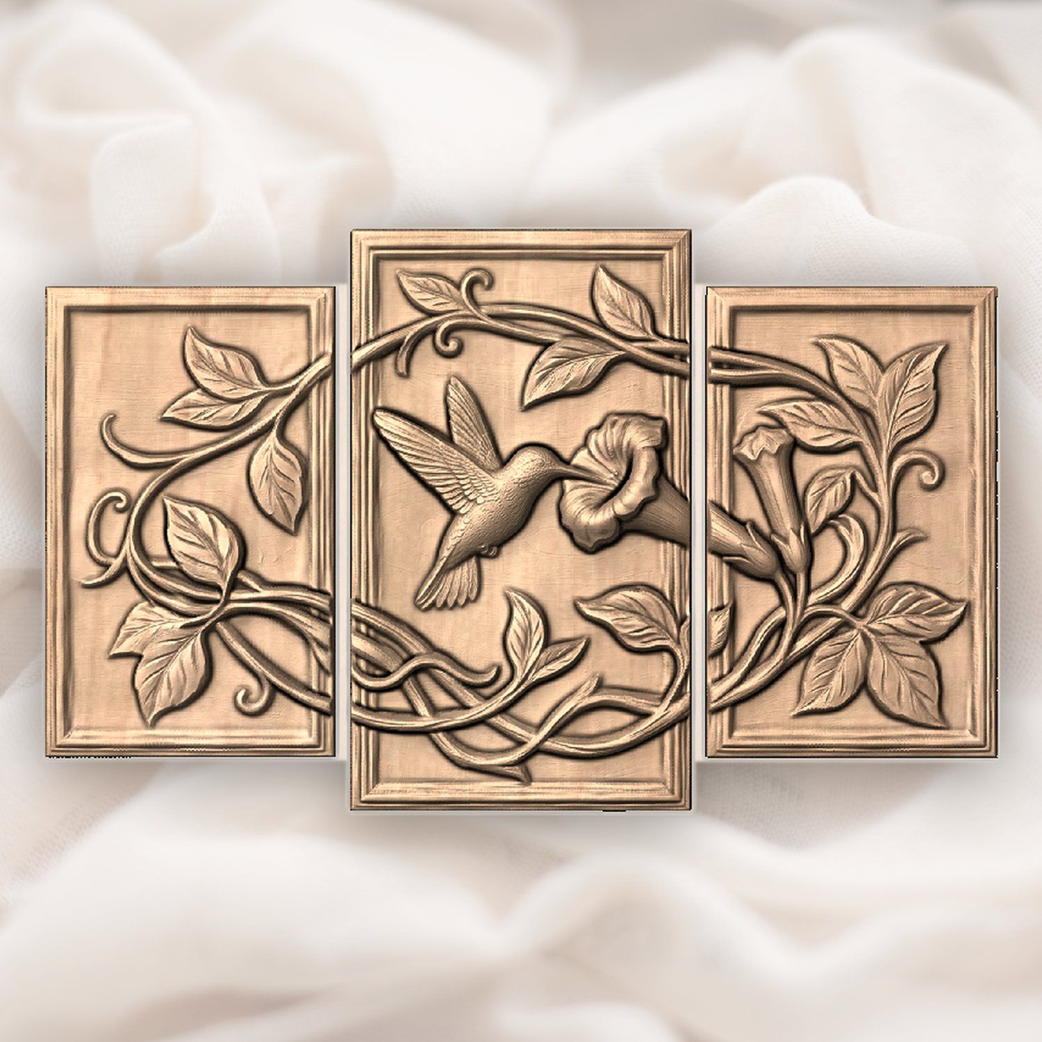Hummingbird Garden 3 Stepped Vertical Decor Panels CNC Relief STL bas-relief STL — view 4