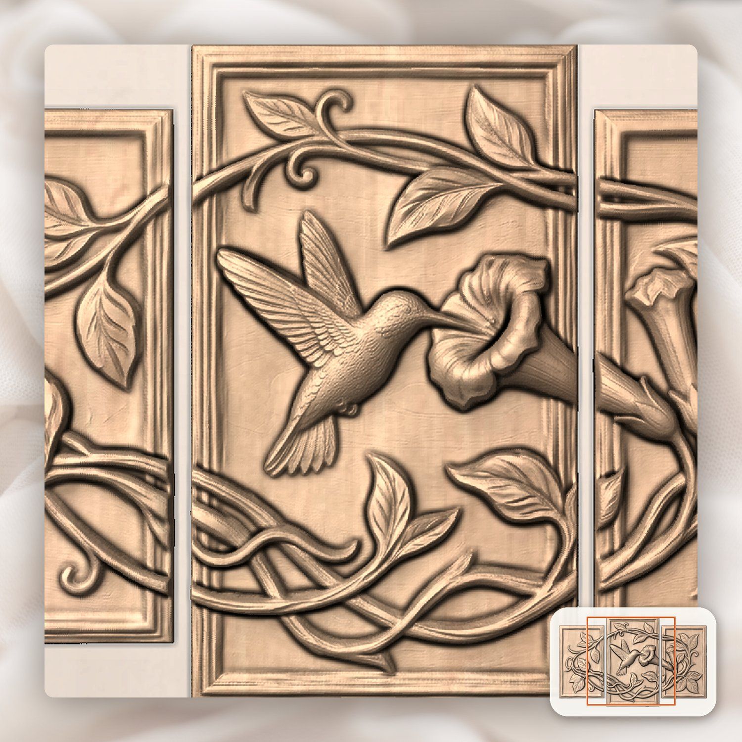 Hummingbird Garden 3 Stepped Vertical Decor Panels CNC Relief STL bas-relief STL — view 6