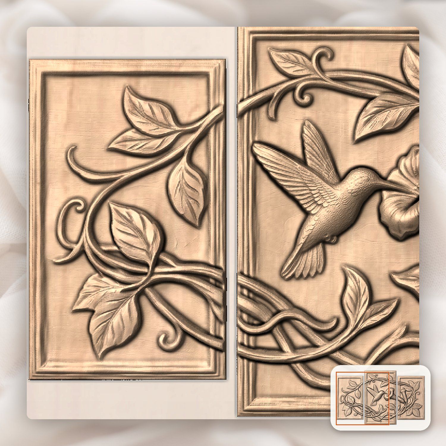 Hummingbird Garden 3 Stepped Vertical Decor Panels CNC Relief STL bas-relief STL — view 7
