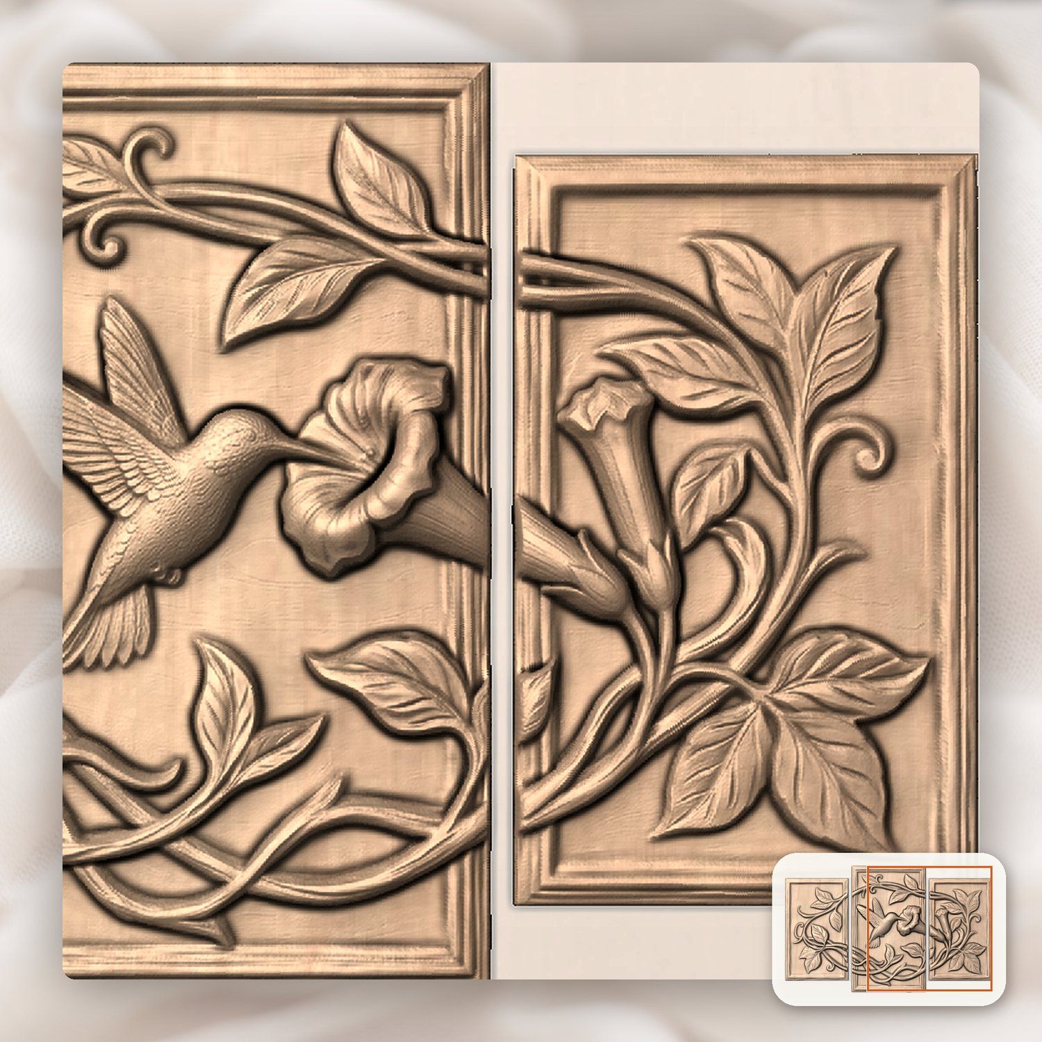 Hummingbird Garden 3 Stepped Vertical Decor Panels CNC Relief STL bas-relief STL — view 8