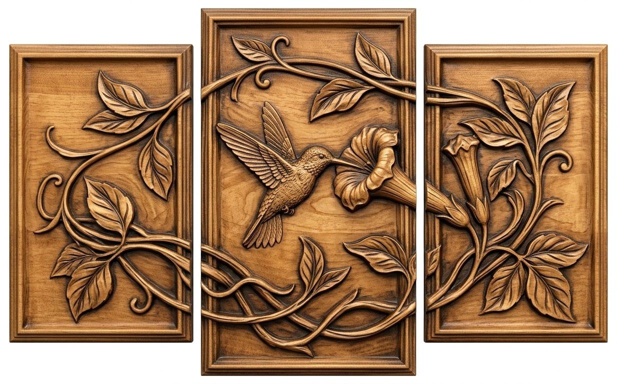 Hummingbird Garden 3 Stepped Vertical Decor Panels CNC Relief STL bas-relief STL — view 11