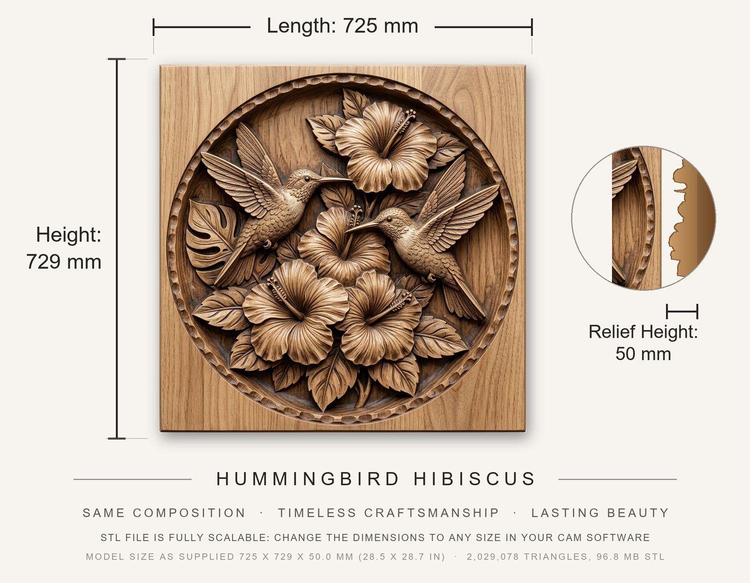 Hummingbird Hibiscus CNC Relief STL bas-relief STL — view 3