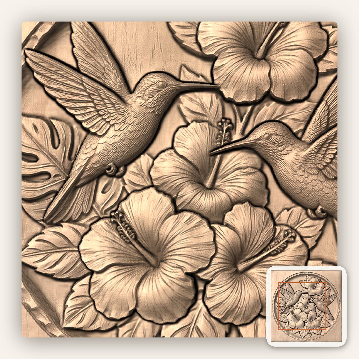 Hummingbird Hibiscus CNC Relief STL bas-relief STL — view 6