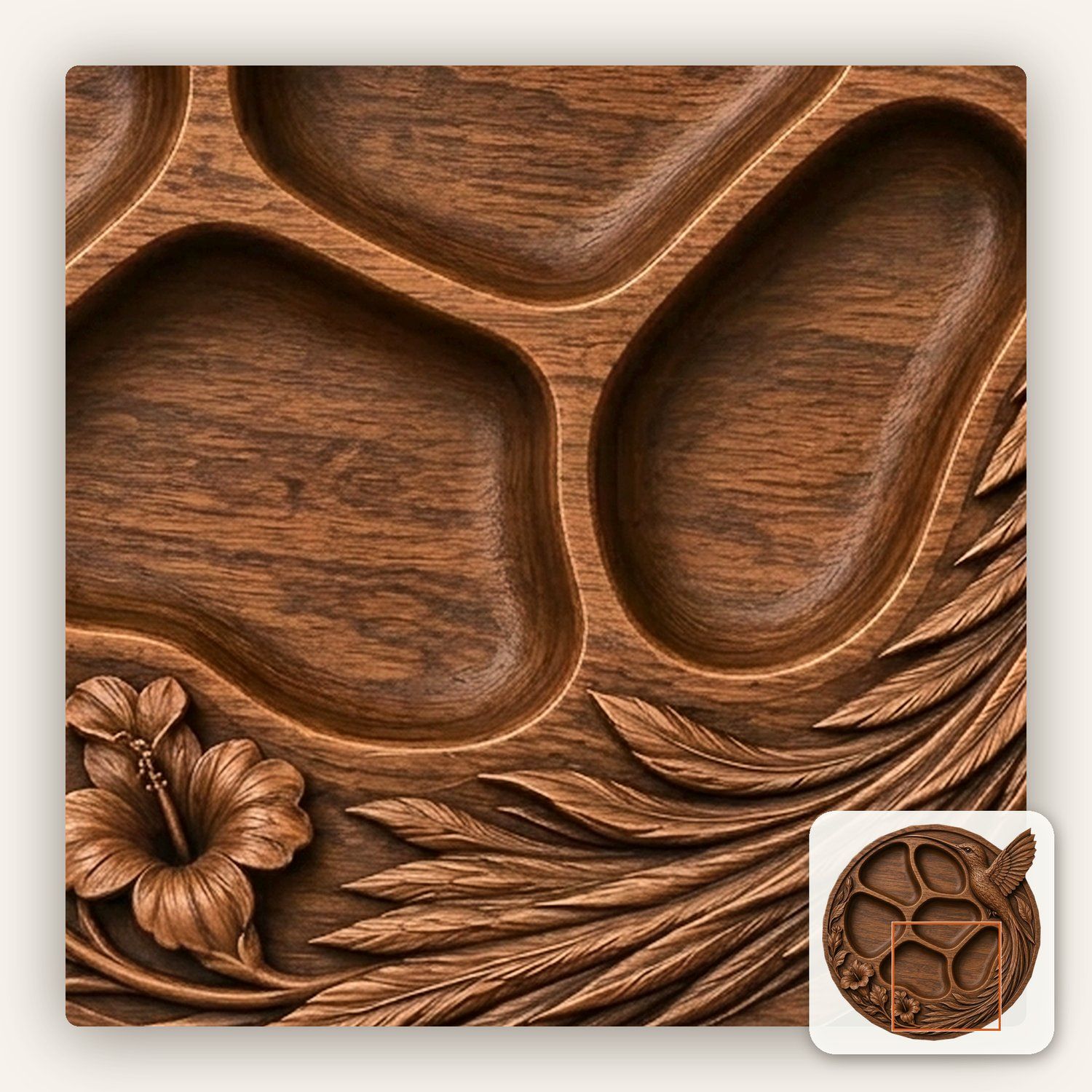 Hummingbird Hibiscus Divided Serving Tray CNC Relief STL bas-relief STL — view 12