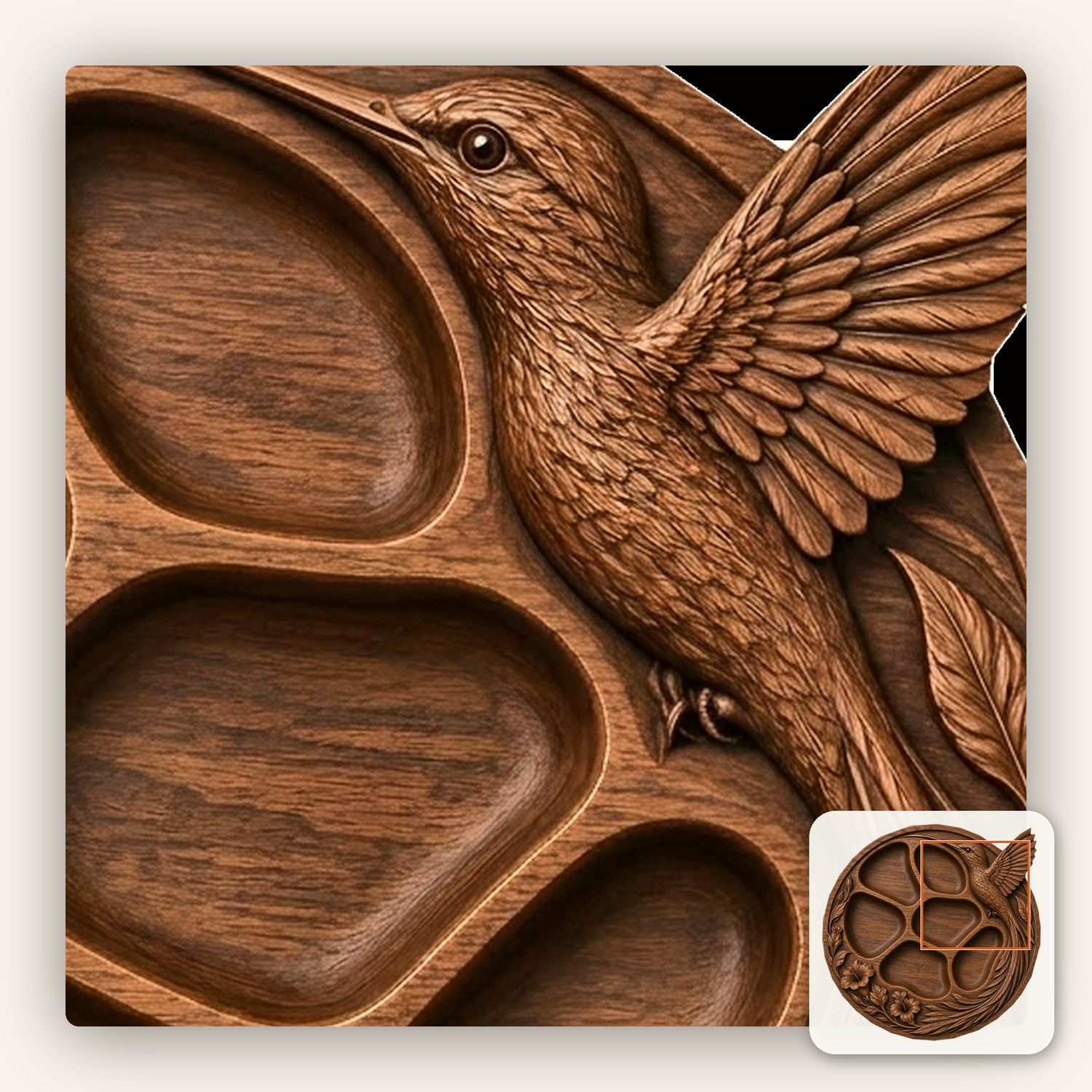Hummingbird Hibiscus Divided Serving Tray CNC Relief STL bas-relief STL — view 13