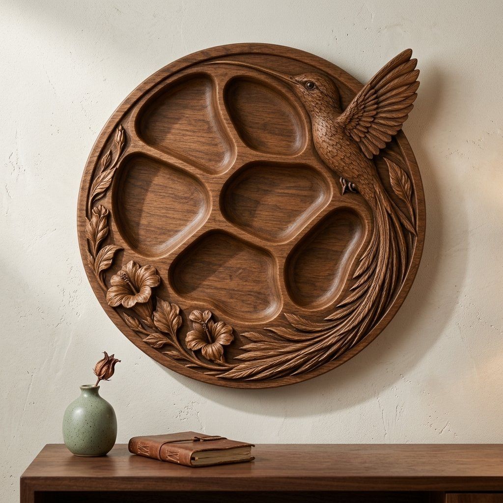 Hummingbird Hibiscus Divided Serving Tray CNC Relief STL bas-relief STL — view 15