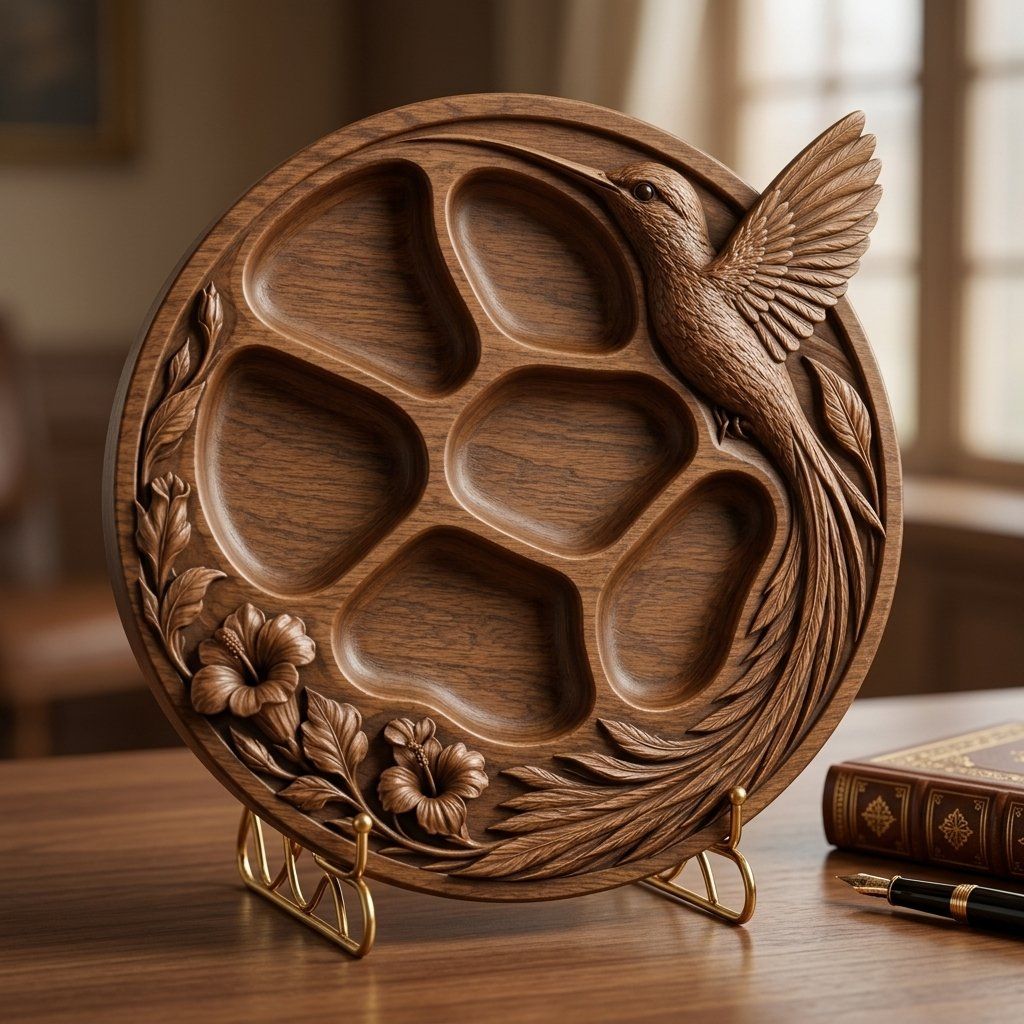 Hummingbird Hibiscus Divided Serving Tray CNC Relief STL bas-relief STL — view 3