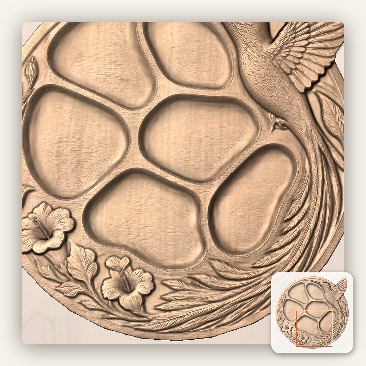 Hummingbird Hibiscus Divided Serving Tray CNC Relief STL bas-relief STL — view 7