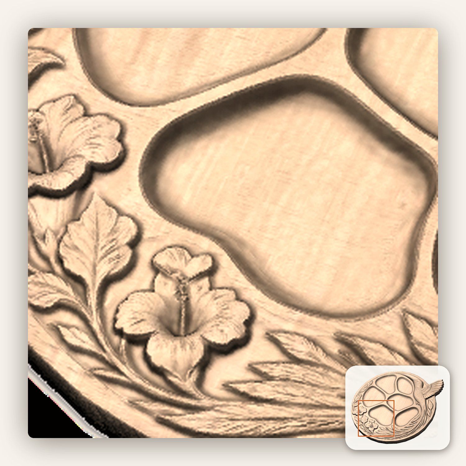 Hummingbird Hibiscus Divided Serving Tray CNC Relief STL bas-relief STL — view 11