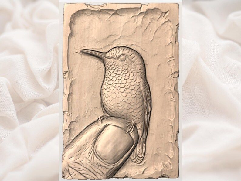 Hummingbird Perched on a Fingertip Bas-Relief STL Carving bas-relief STL — view 3