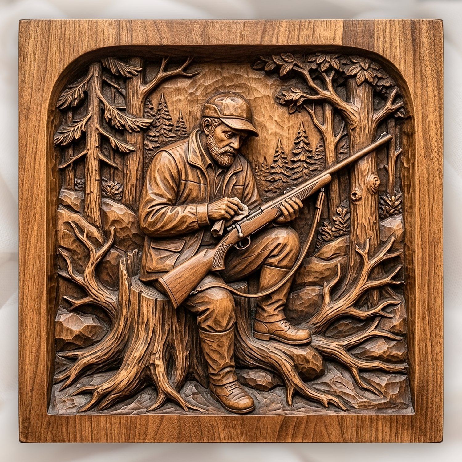 Hunter Cleaning Rifle Forest Scene CNC Relief STL bas-relief STL design