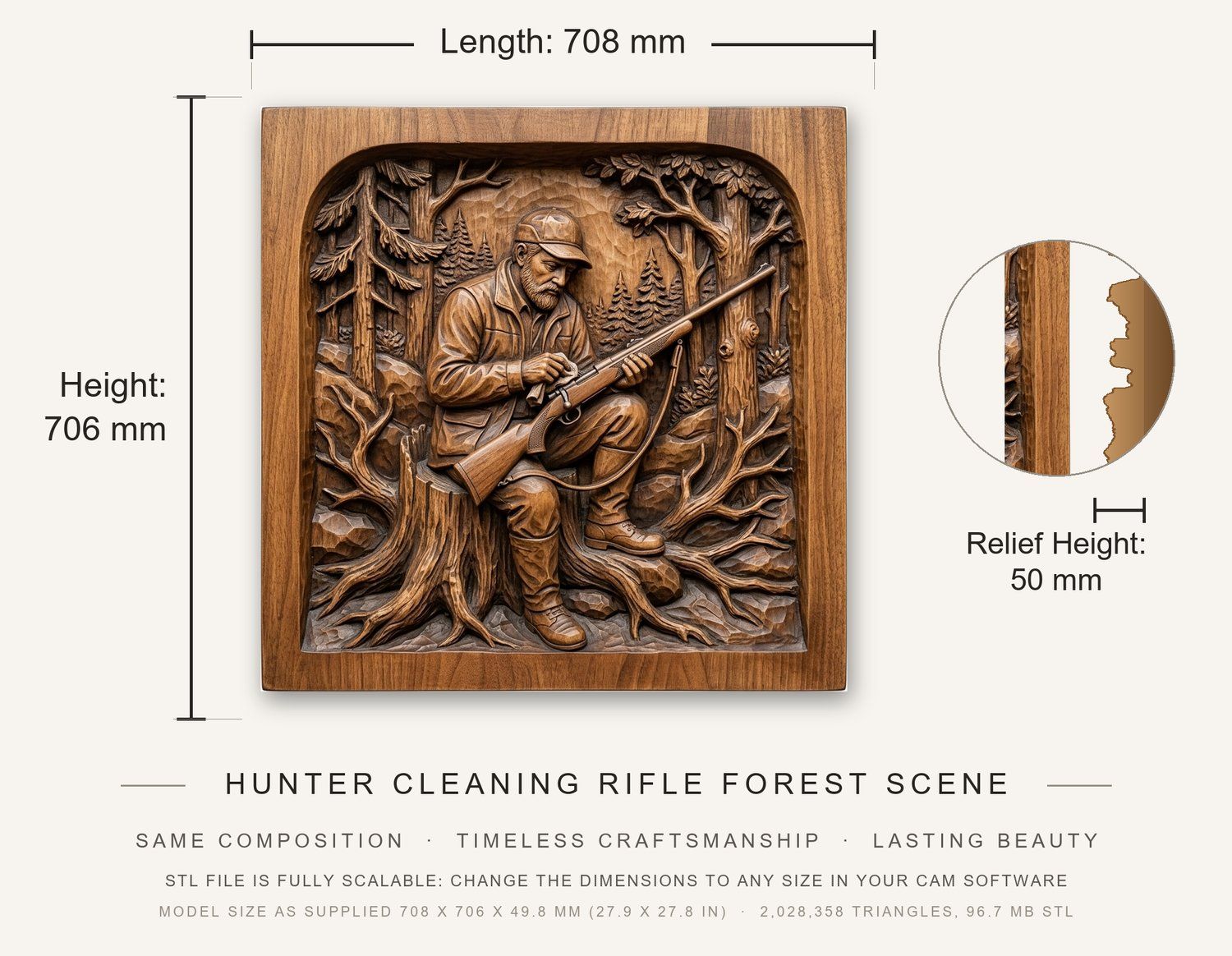 Hunter Cleaning Rifle Forest Scene CNC Relief STL bas-relief STL — view 3