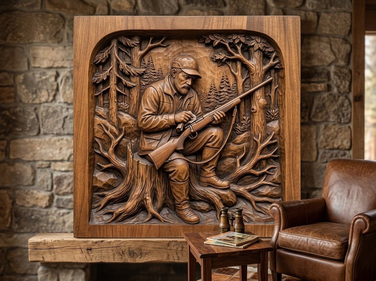 Hunter Cleaning Rifle Forest Scene CNC Relief STL bas-relief STL — view 13