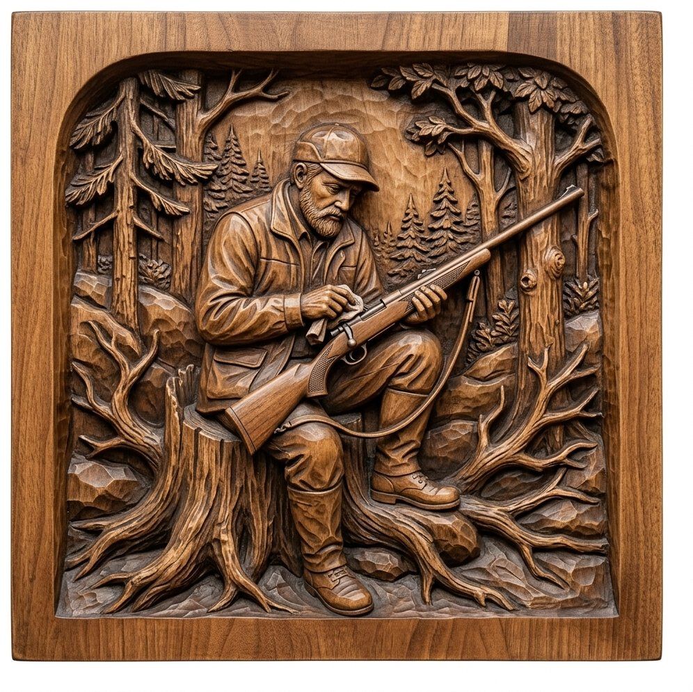 Hunter Cleaning Rifle Forest Scene CNC Relief STL bas-relief STL — view 4