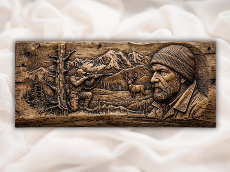 Carved wood relief of a kneeling rifle hunter, alert buck, mountain range, and bearded outdoorsman in a knit cap
