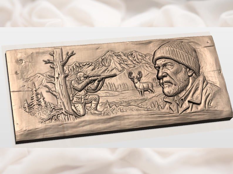 Mountain Hunter and Watchful Buck Bas-Relief Carving Scene bas-relief STL — view 2