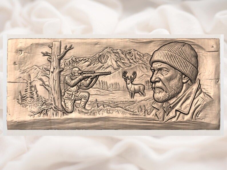 Mountain Hunter and Watchful Buck Bas-Relief Carving Scene bas-relief STL — view 3