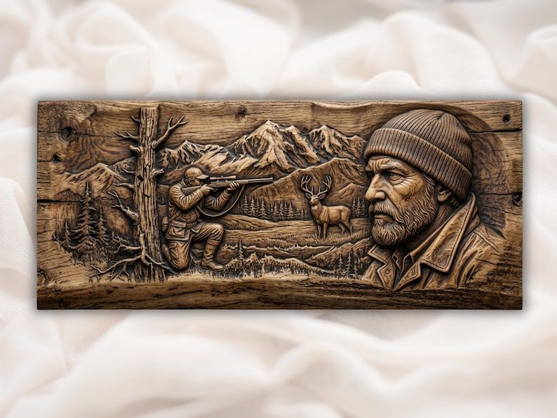 Mountain Hunter and Watchful Buck Bas-Relief Carving Scene bas-relief STL design