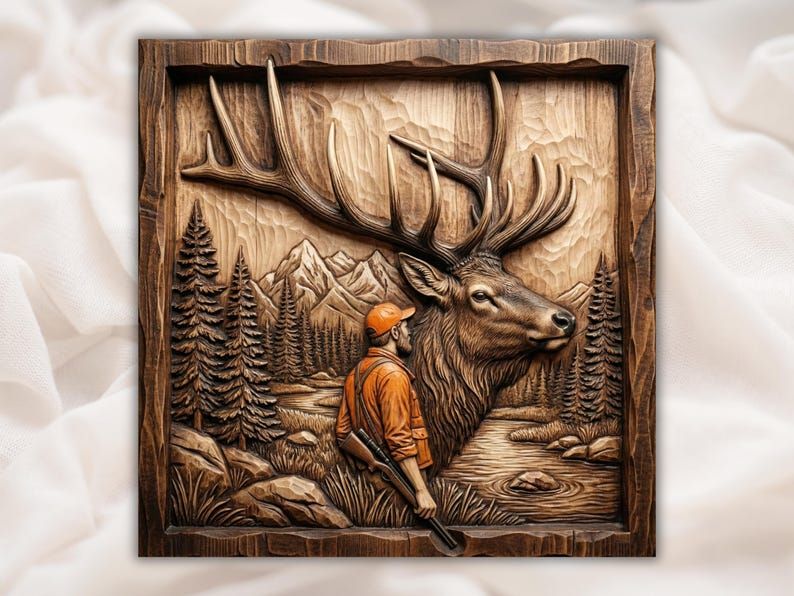 Carved wood relief of a hunter in orange beside a large bull elk with pines and mountains