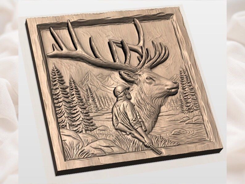 Hunter and Bull Elk Mountain Scene 3D Relief STL File bas-relief STL — view 2