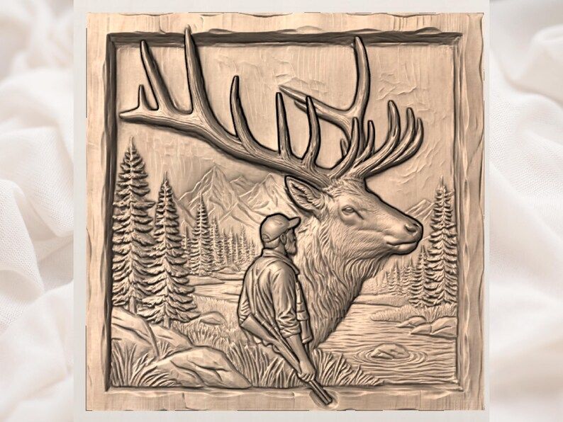 Hunter and Bull Elk Mountain Scene 3D Relief STL File bas-relief STL — view 3