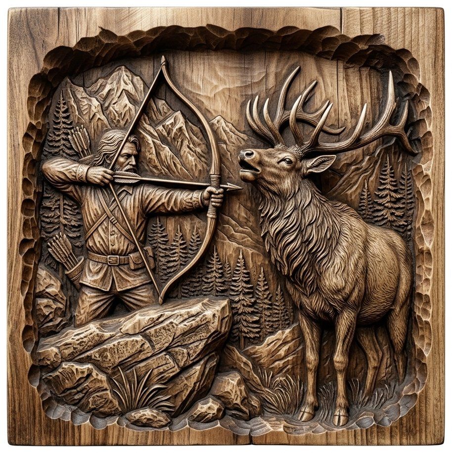 Hunter Elk Wilderness Scene CNC Relief STL | Archer Mountain Wall Art | Rustic Cabin Decor Panel | VCarve Aspire Carveco — carved bas relief STL file for CNC