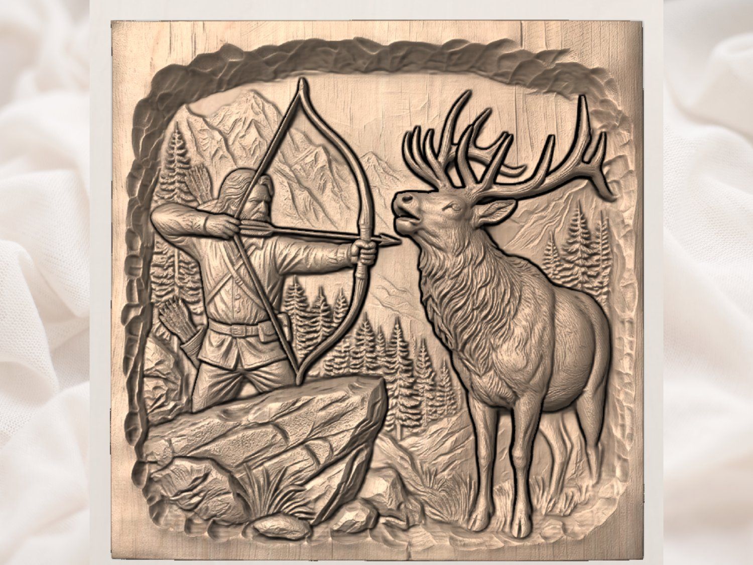 Hunter Elk Wilderness Scene CNC Relief STL bas-relief STL — view 3