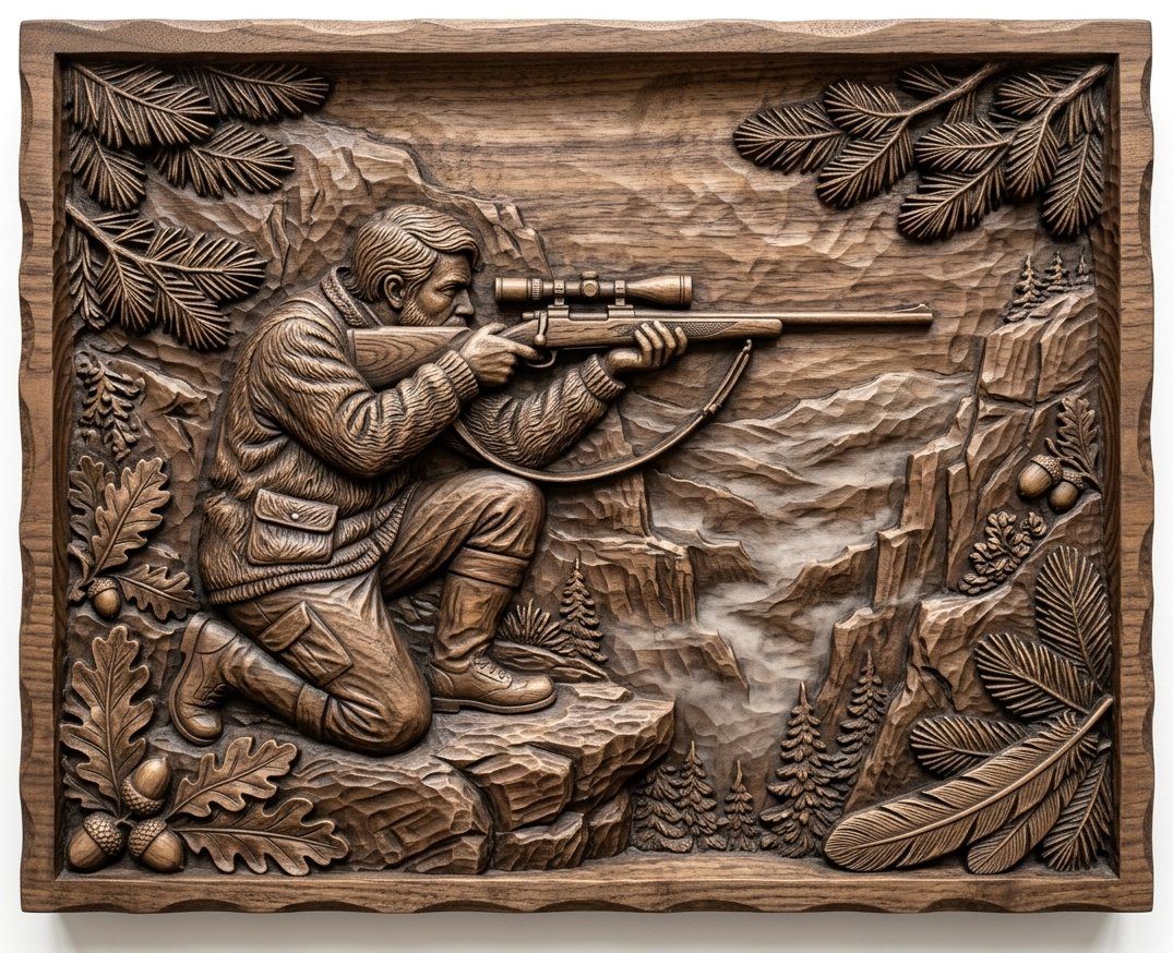 Hunter Kneeling with Scoped Rifle on Rocky Mountain Ledge CNC Relief STL | Deep Scoop Wilderness Scene Wood Carving | Hunting Wall Art Panel — carved bas relief STL file for CNC