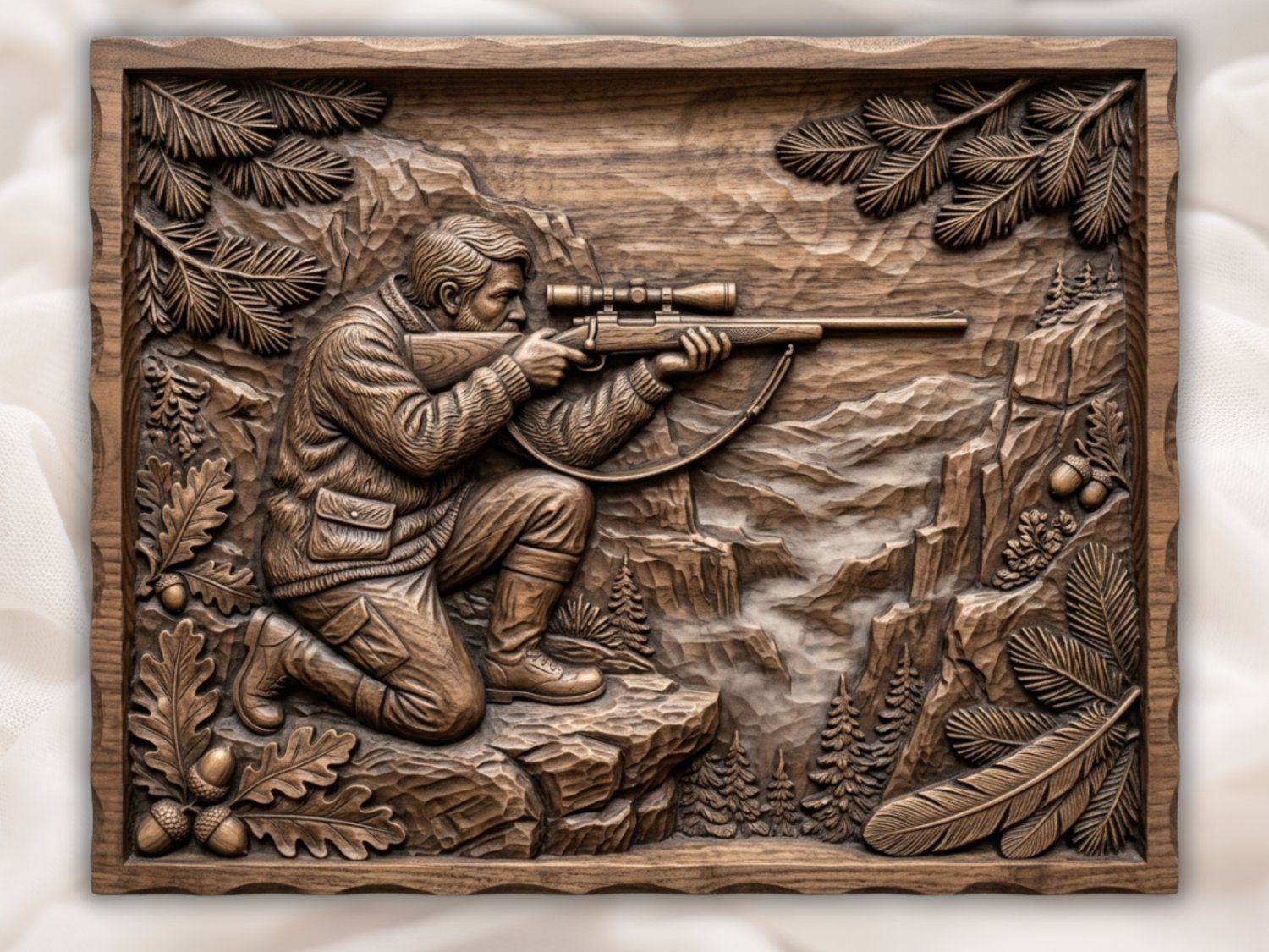 Hunter Kneeling with Scoped Rifle on Rocky Mountain Ledge CNC Relief STL bas-relief STL — view 2