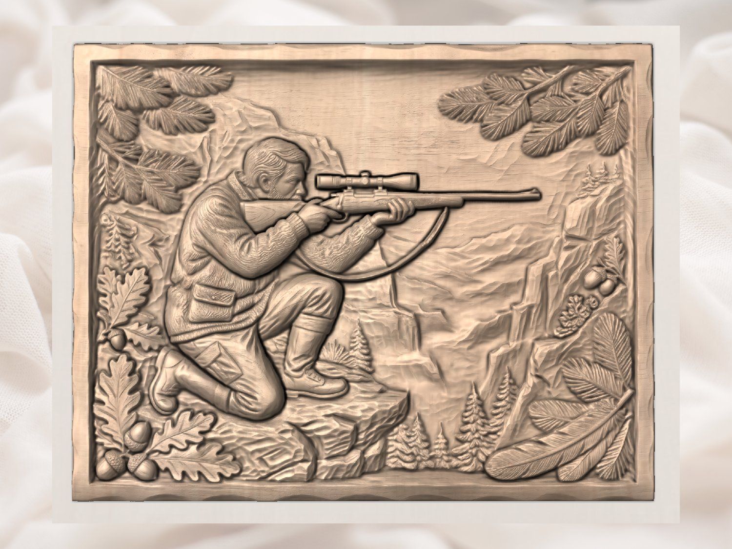 Hunter Kneeling with Scoped Rifle on Rocky Mountain Ledge CNC Relief STL bas-relief STL — view 3