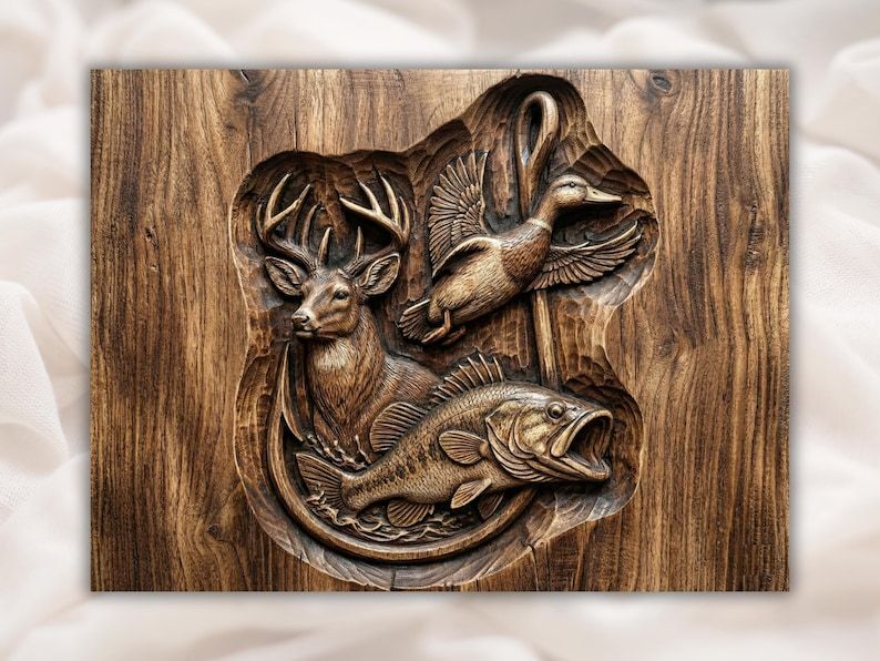 Carved wood relief of a buck deer, flying duck, and largemouth bass grouped in a sportsman emblem