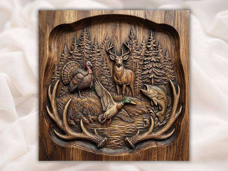 Carved wood relief of a buck, turkey, flying duck and jumping bass framed by antlers with a pine forest behind