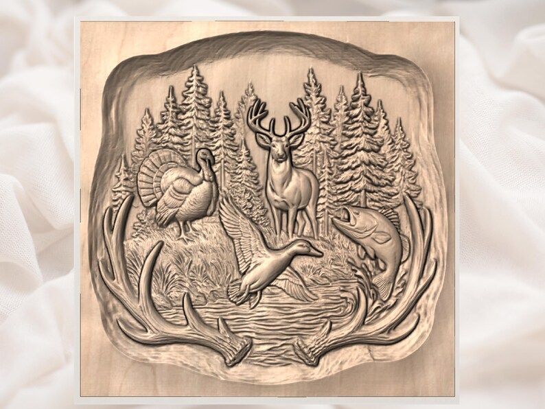 Buck, Turkey, Duck and Bass Antler-Framed Hunting Relief STL bas-relief STL — view 3