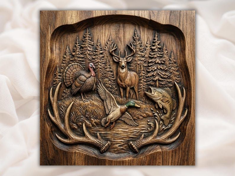 Buck, Turkey, Duck and Bass Antler-Framed Hunting Relief STL bas-relief STL design