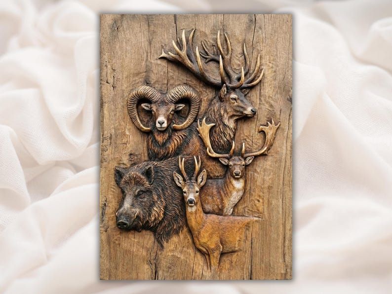 Bas-relief wood carving of a stag, ram, wild boar and two deer arranged on a rustic plank.