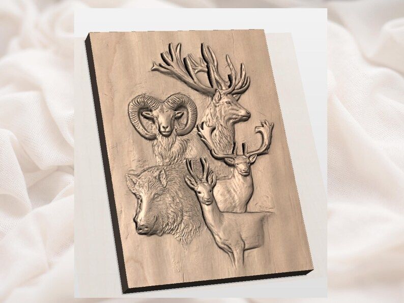 Stag, Ram, Boar and Deer Wildlife Collage Relief STL bas-relief STL — view 2