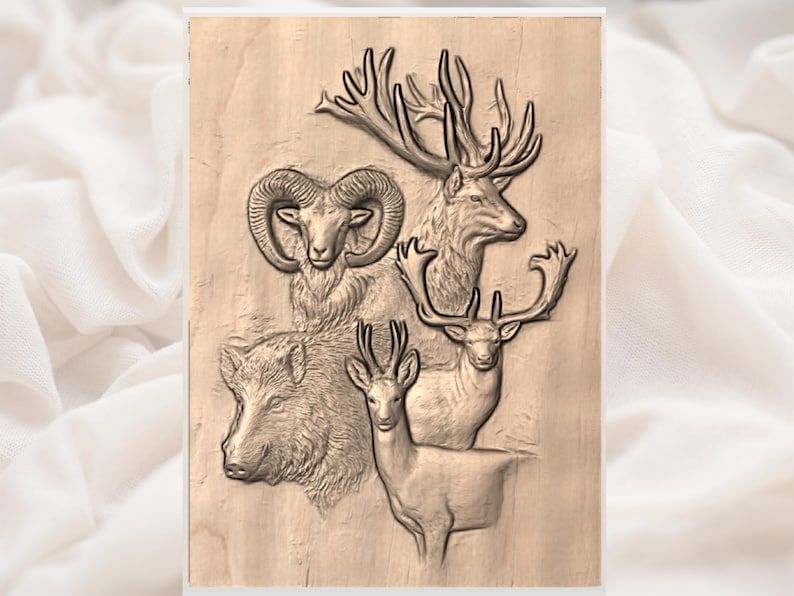 Stag, Ram, Boar and Deer Wildlife Collage Relief STL bas-relief STL — view 3