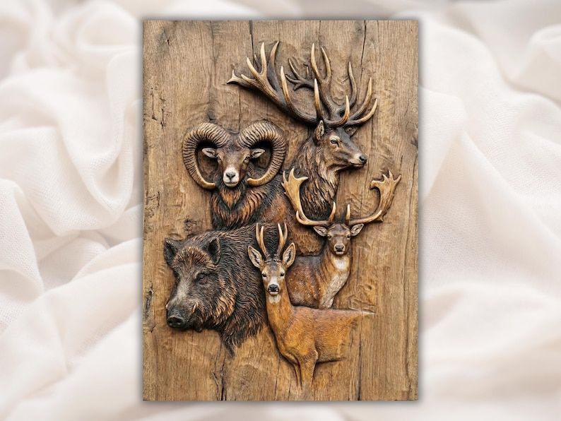 Stag, Ram, Boar and Deer Wildlife Collage Relief STL bas-relief STL design