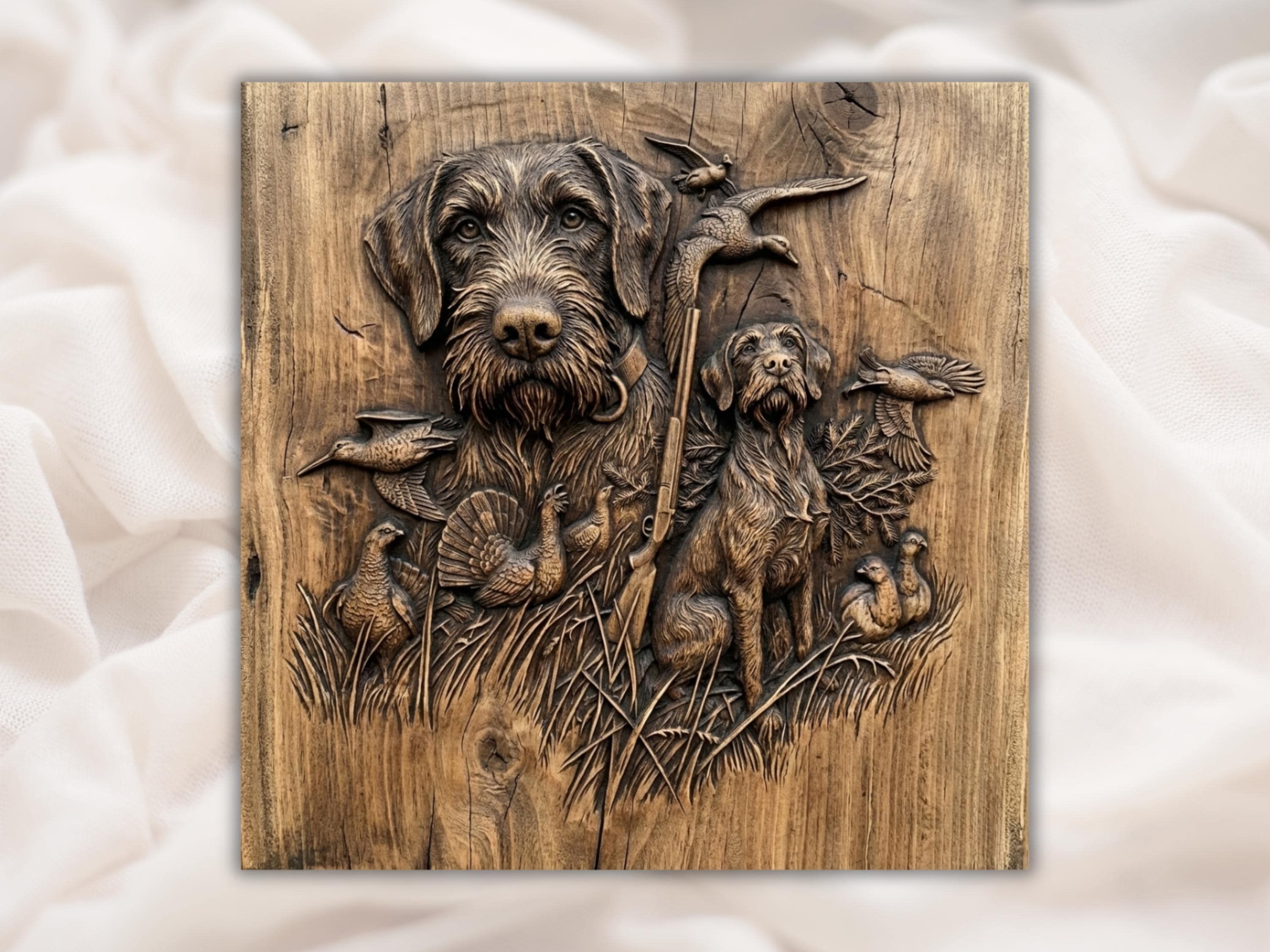 Bas-relief wood carving of a wirehaired pointer, a second dog, flying ducks, pheasant, and a shotgun in reeds.