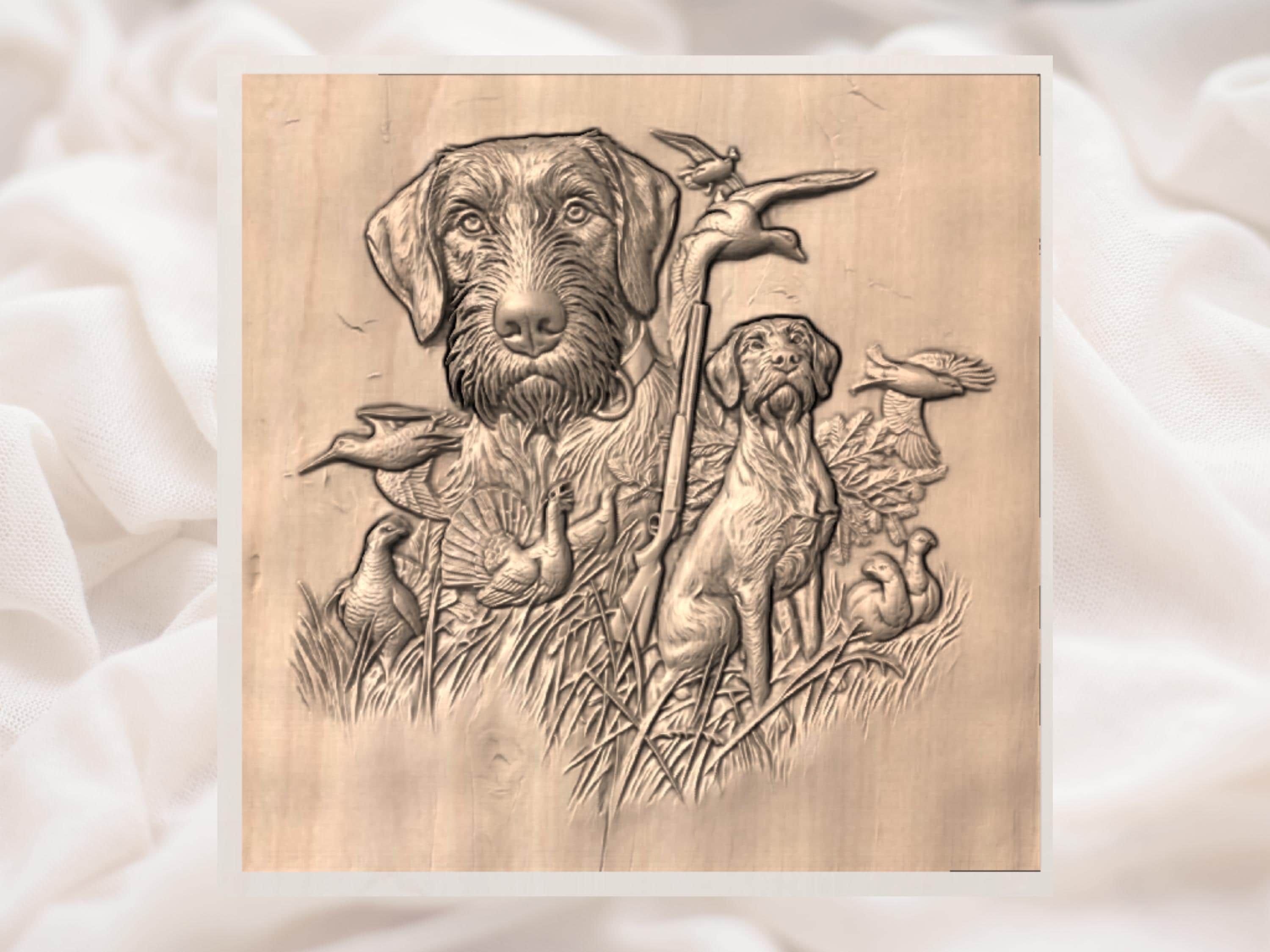 Wirehaired Pointer Bird Dog Hunt Scene Bas-Relief STL bas-relief STL — view 3