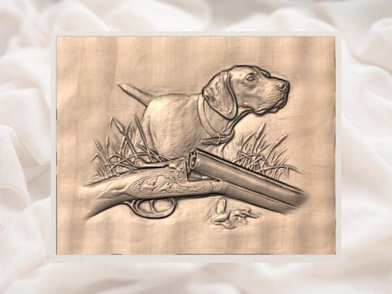 Pointer & Engraved Shotgun Hunting Bas-Relief STL bas-relief STL — view 3