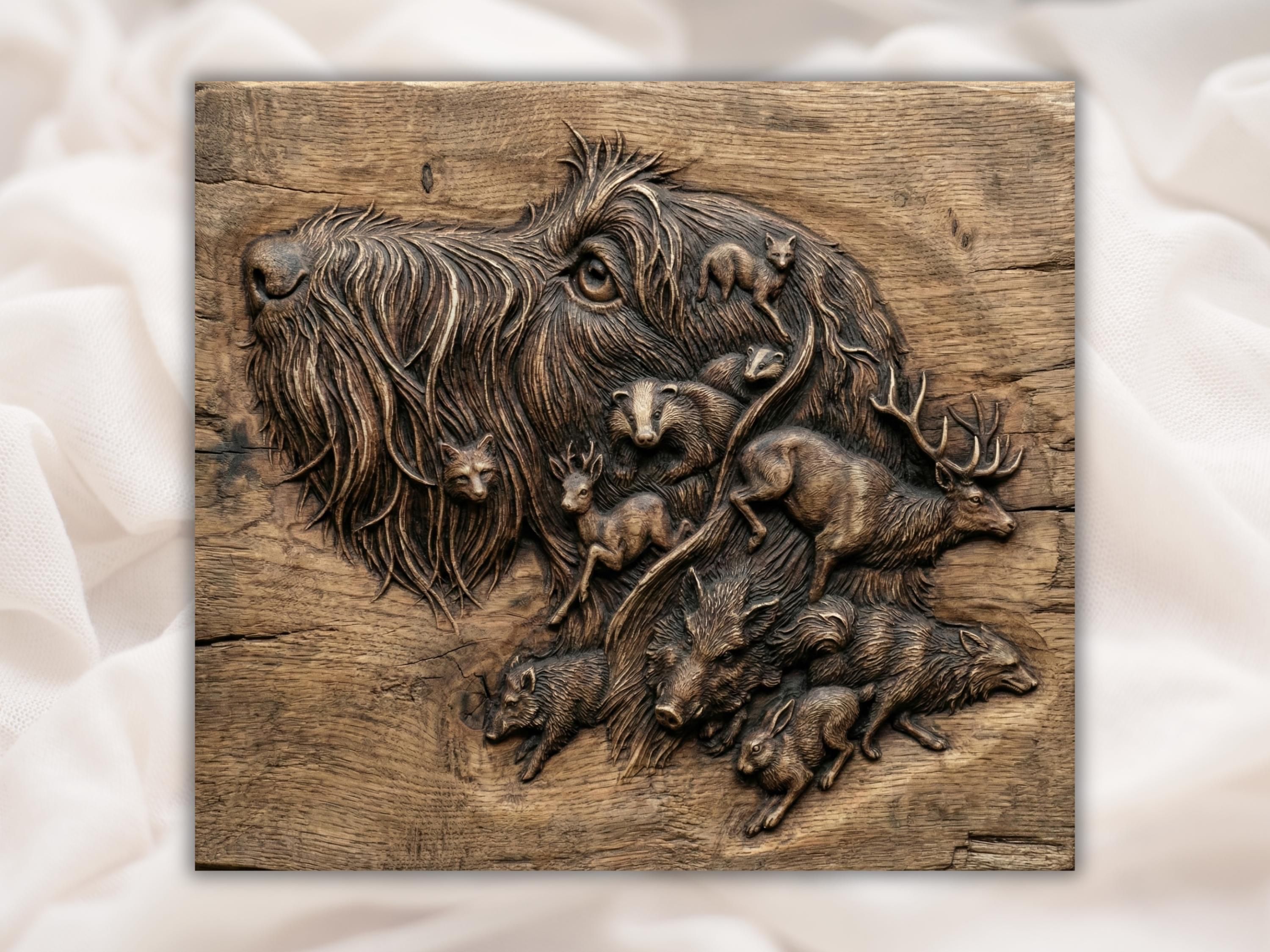 Carved wood relief of a bird dog head surrounded by a fox, badger, deer, wild boar and hare