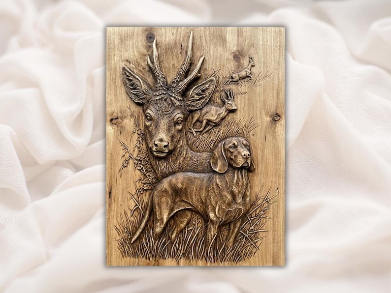Bas-relief wood carving of a hunting dog standing before a roe buck portrait with two leaping deer in grass