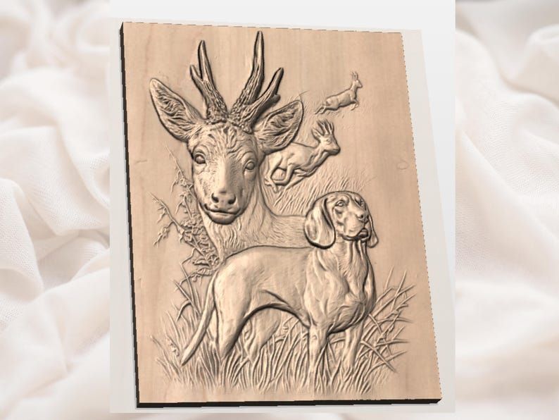 Hunting Dog and Roe Buck Wildlife Relief STL Scene bas-relief STL — view 2
