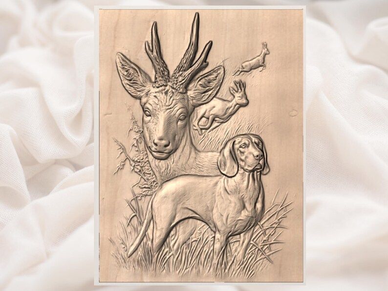 Hunting Dog and Roe Buck Wildlife Relief STL Scene bas-relief STL — view 3