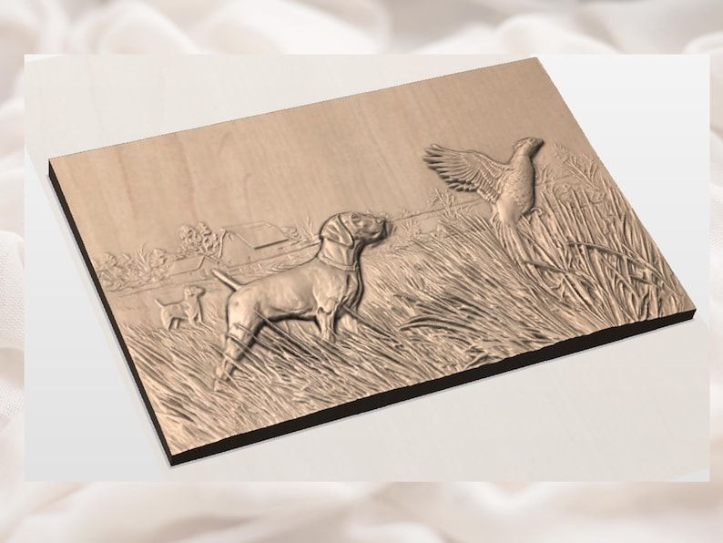 Pointer on Point as a Pheasant Flushes Bas-Relief STL bas-relief STL — view 2
